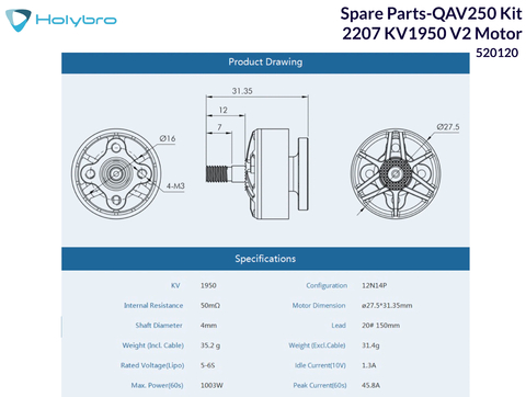 Holybro Spare Parts-QAV250 Kit , 2207 KV1950 V2 Motor , 520120 na internet