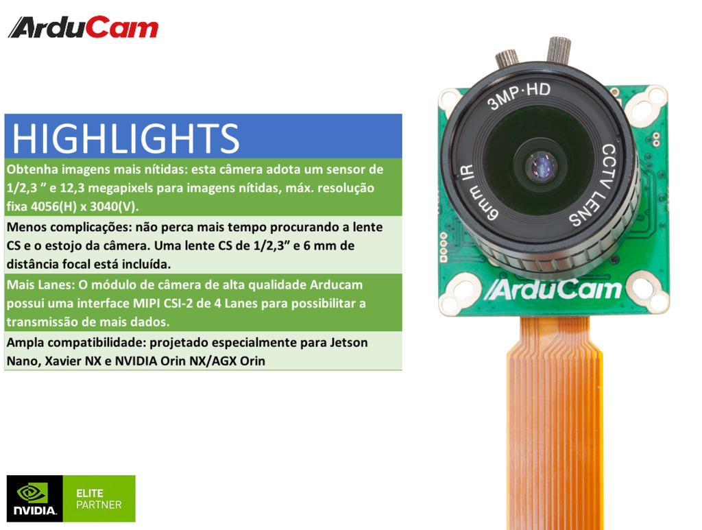 Arducam High Quality Camera, 12.3MP 1/2.3″ IMX477 , 477P HQ Camera Module + 6mm CS-Mount Lens for NVIDIA® Jetson Nano , NX , AGX , Raspberry Pi , B0249 , B0240 na internet