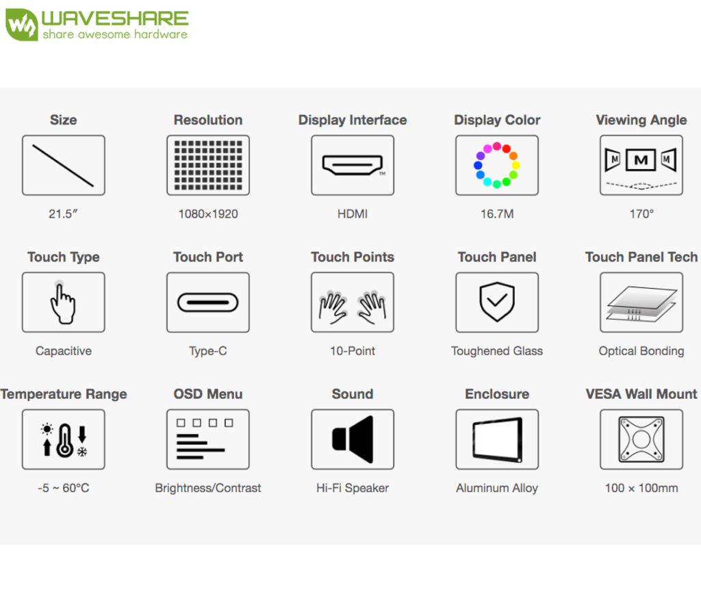 WaveShare Display 21.5" Industrial Capacitive 10-Point Touch Monitor, 1080×1920 Full HD, Optical Bonding Toughened Glass Panel,Raspverry Pi , Jetson Nano , Jetson NX, 24002 - Loja do Jangão - InterBros