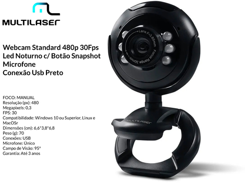 Multilaser Webcam Standard 480p 30Fps Led Noturno c/ Botão Snapshot Microfone Conexão Usb Preto - WC045 on internet