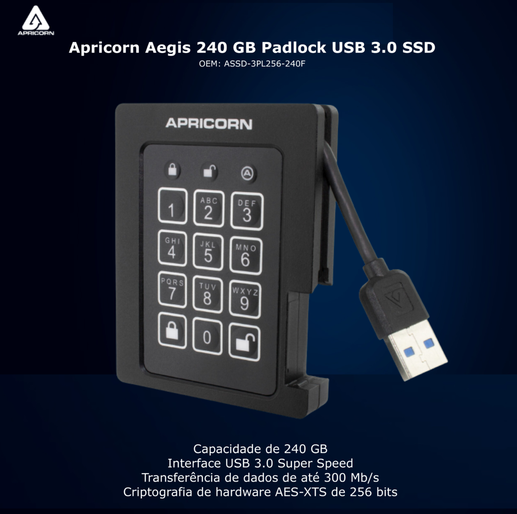 Apricorn Aegis 1 TB Padlock | SSD Portátil | USB 3.0 Robusto | Aegis Padlock FIPS 140-2 256-Bits | Criptografia de Grau Militar - Loja do Jangão - InterBros