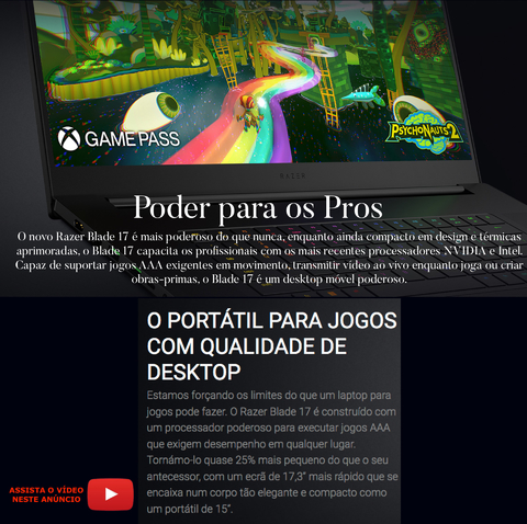 Razer 17.3" Razer Blade 17 Gaming Laptop , 32GB RAM , 1TB SSD , RZ09-0423QEF3-R3U1 - Loja do Jangão - InterBros