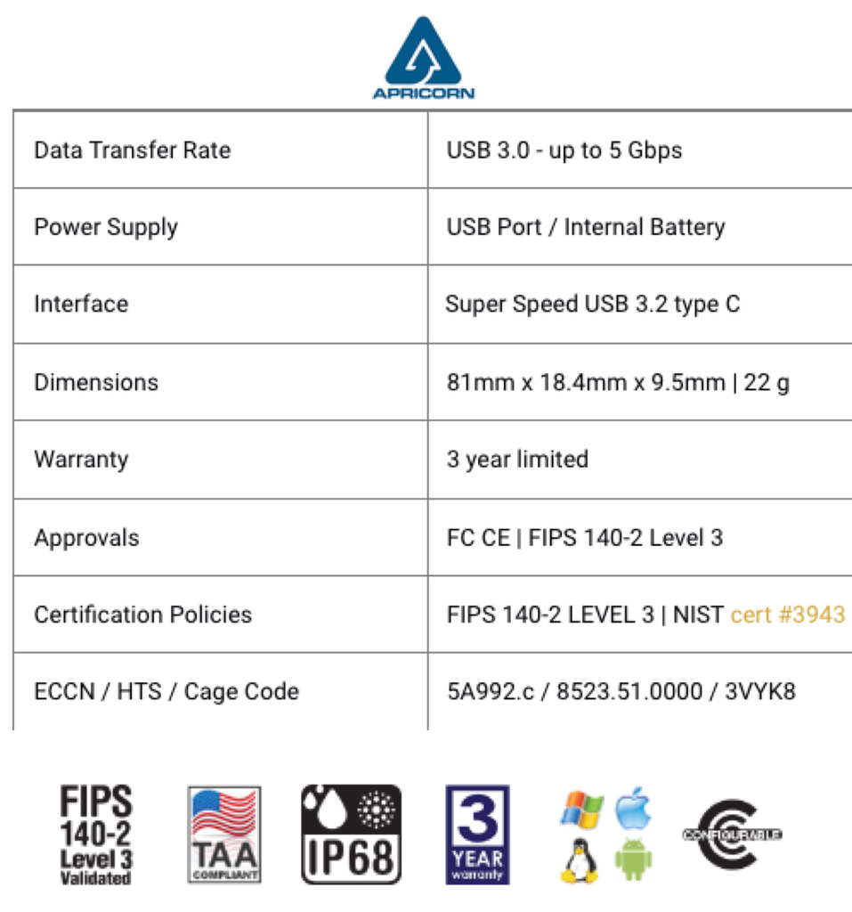 Apricorn Aegis Secure Key 3NXC 128GB | USB Flash Drive | Super Velocidade USB-C 3.2 Robusto | FIPS 140-2 256-Bits | Modo Administrador e Usuário Separados | Primeira Chave Flash Criptografada do Mundo - online store