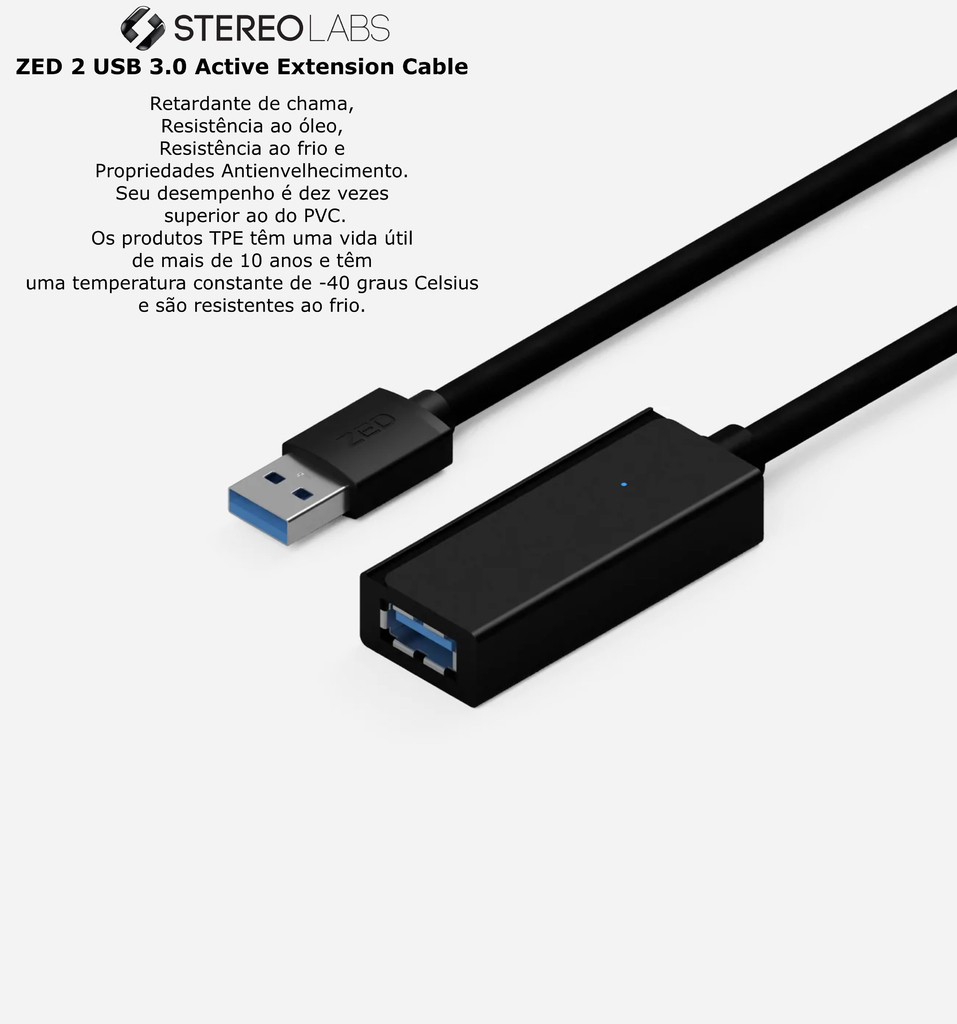 Stereolabs ZED 2 USB 3.0 Active Extension Cable 10 mts | Compatível com as câmeras ZED 1 e ZED 2 | Retardante de chama | Resistência ao óleo | Resistência ao Frio | Propriedades Antienvelhecimento on internet