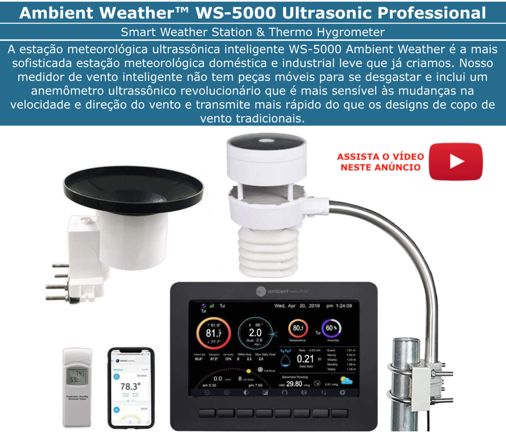 Ambient Weather WS-5000 Estação Metereológica Ultrassônica WiFi Alcance de 300 metros Compatível com Alexa e Google Internet Conectada - comprar online