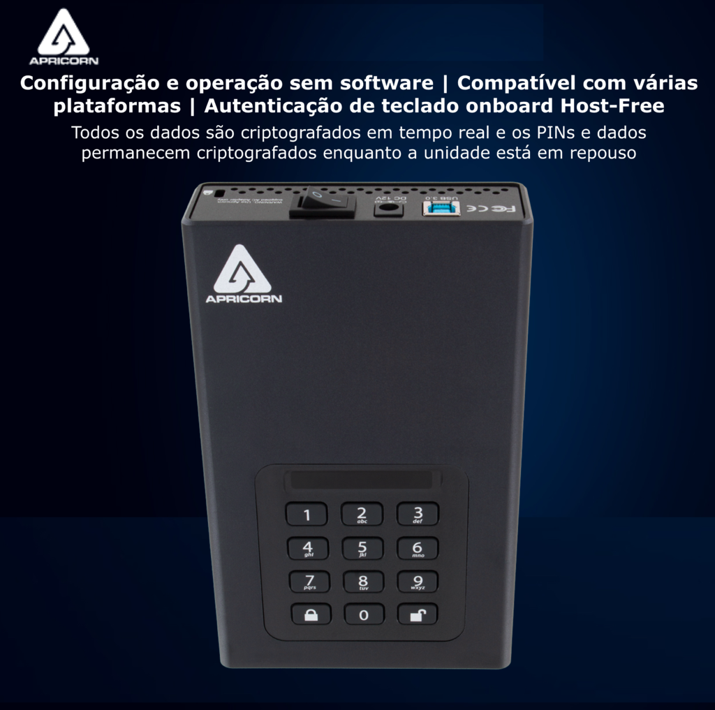 Apricorn 10 TB | USB 3.0 Hard Drive | Aegis Padlock AES-XTS 256-Bits | Disco Rígido Desktop | Criptografia de Grau Militar - Loja do Jangão - InterBros