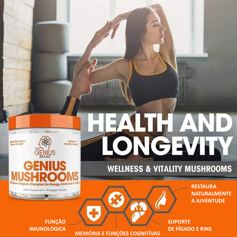 Genius Mushroom Cogumelos Lions Mane (Juba de Leão), Cordyceps e Reishi Suplemento Nootrópico 180 Cápsulas Vegetais - tienda online