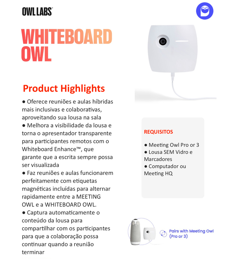 Image of Owl Labs MEETING OWL 3 360° 1080p + WHITEBOARD OWL Câmera de Lousa , Sistema de Videoconferência Inteligente