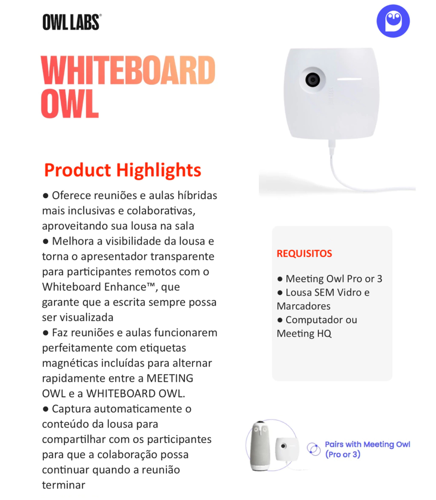 Imagen de Owl Labs MEETING OWL 3 360° 1080p + WHITEBOARD OWL Câmera de Lousa + EXPANSION MIC , Sistema de Videoconferência Inteligente