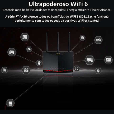 ASUS RT-AX86U AX5700 Wireless Dual-Band Gigabit Gaming Router l Roteador Gamer l Projetado para games online e móveis l 2 portas USB 3.2 l Cobertura de até 600 m² l Incluída Segurança de Internet Vitalícia l Compatível com PS5