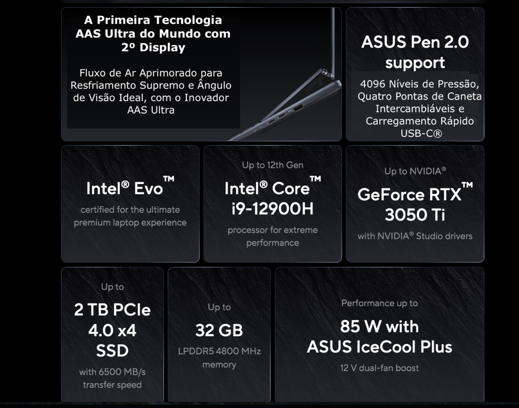 Imagem do ASUS 14.5" ZenBook Pro 14 Duo OLED Multi-Touch Notebook | Cor Tech Black | UX8402 | 2.3 GHz Intel Core i7 14-Core 12th Gen | 32GB LPDDR5 RAM | 1TB SSD | 12.7" ScreenPad Plus Touchscreen | Dolby ATMOS | 9.5 Horas de Bateria