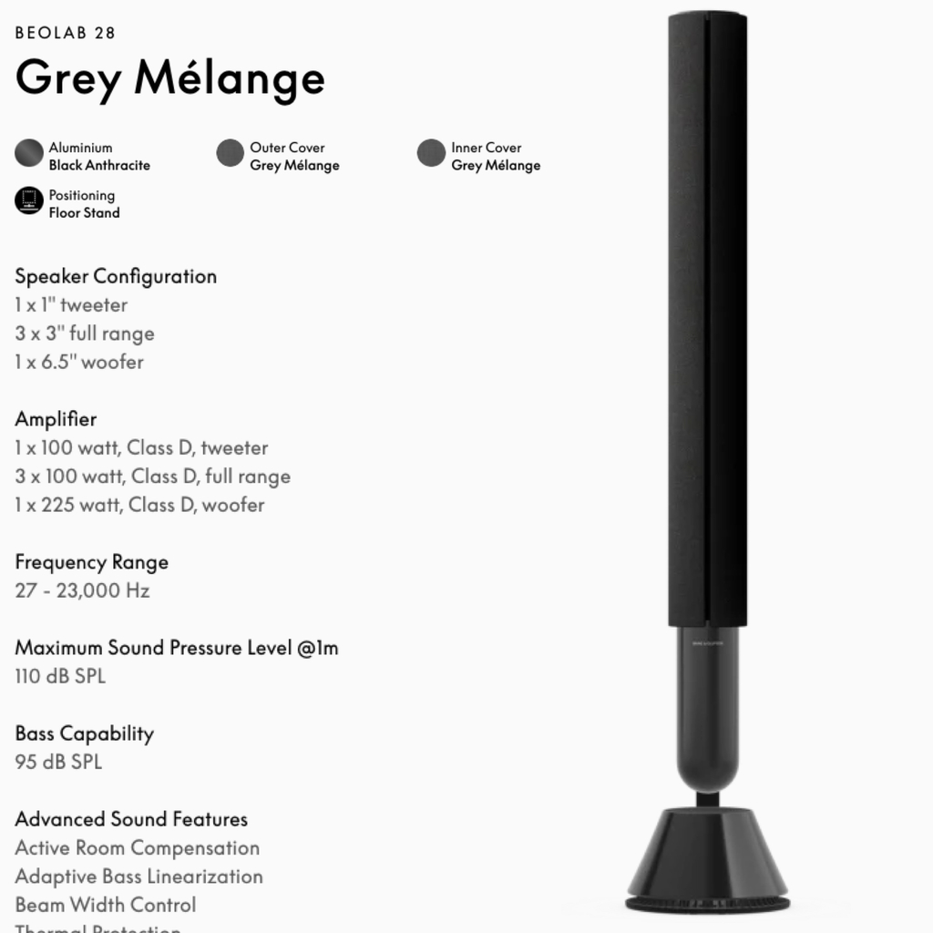 Bang & Olufsen Beolab 28 l Grey Mélange l Wireless Stereo Speakers for Home Cinema l Som Estéreo de Grau de Estúdio l Aparências Elegantes l Grave Poderoso l 1.250 Watts l Wi-Fi & Bluetooth l Chromecast & Google Assistant Integrados l Compatível com Apple 2 & Spotify Connect l Recomendado para áreas de 15m² até 50m² - Loja do Jangão - InterBros