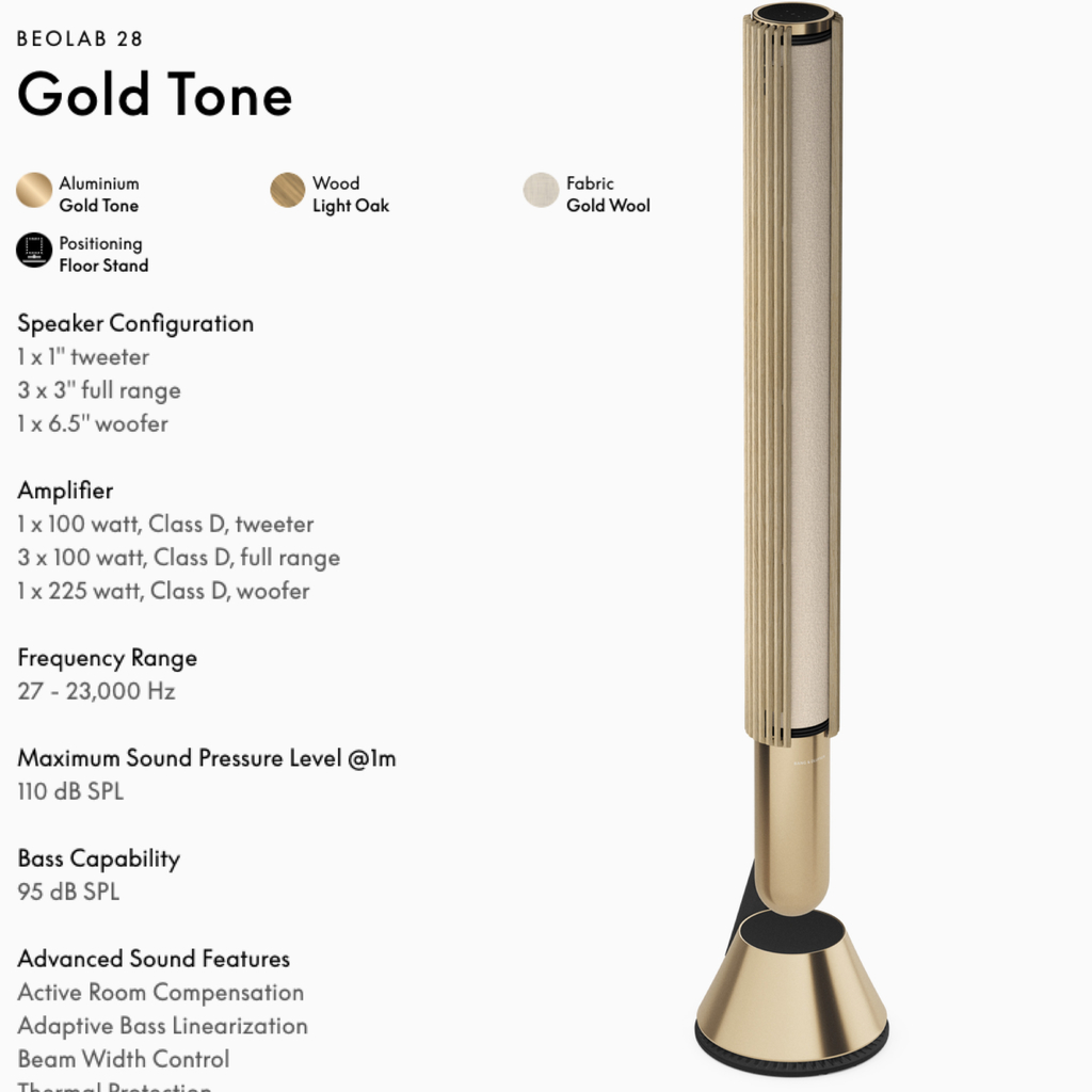 Bang & Olufsen Beolab 28 l Gold Oak l Wireless Stereo Speakers for Home Cinema l Som Estéreo de Grau de Estúdio l Aparências Elegantes l Grave Poderoso l 1.250 Watts l Wi-Fi & Bluetooth l Chromecast & Google Assistant Integrados l Compatível com Apple 2 & Spotify Connect l Recomendado para áreas de 15m² até 50m² - Loja do Jangão - InterBros