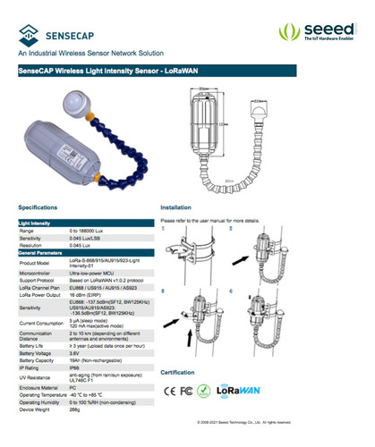 Sensecap Sensor Sem Fio | Sensor de Intensidade de Luz | Protocolo Lorawan na internet