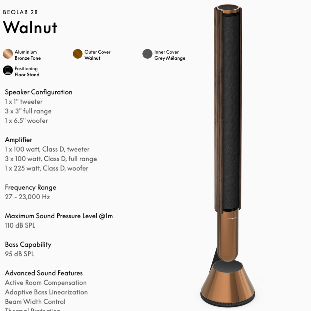 Bang & Olufsen Beolab 28 l Walnut Oak l Wireless Stereo Speakers for Home Cinema l Som Estéreo de Grau de Estúdio l Aparências Elegantes l Grave Poderoso l 1.250 Watts l Wi-Fi & Bluetooth l Chromecast & Google Assistant Integrados l Compatível com Apple 2 & Spotify Connect l Recomendado para áreas de 15m² até 50m²