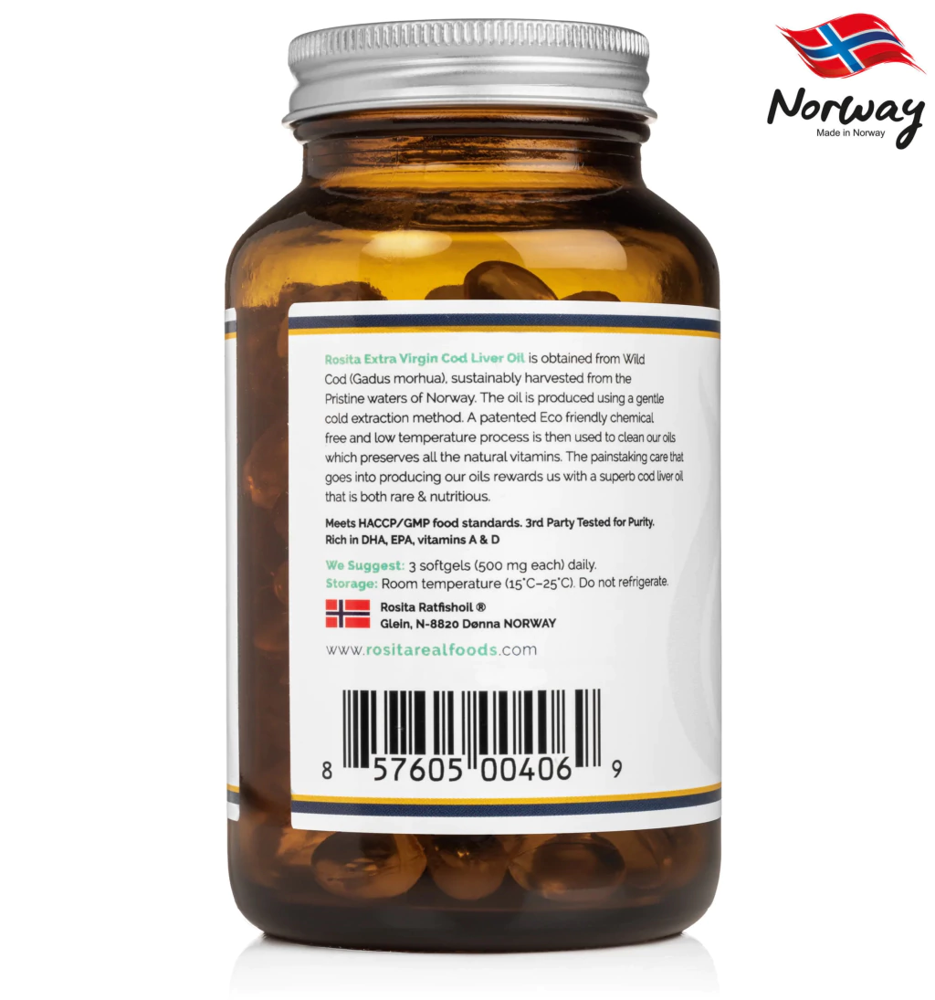 Rosita Extra Virgin Cod Liver Oil Softgels, Suplemento Alimentar Premium, Puro Óleo Extra Virgem de Fígado de Bacalhau, Made in Noruega