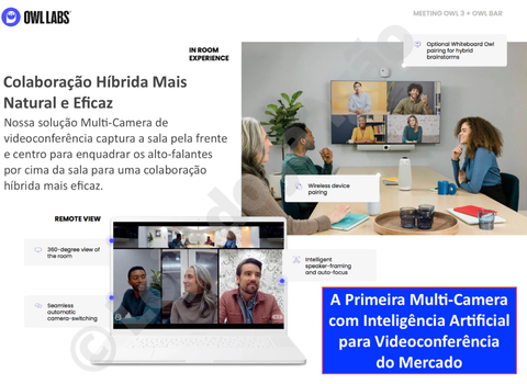 Owl Labs Meeting Owl 3 360° 1080p + OWL BAR 4K Frontal + Expansion Mic , Sistema Multi-Câmera de Videoconferência Inteligente