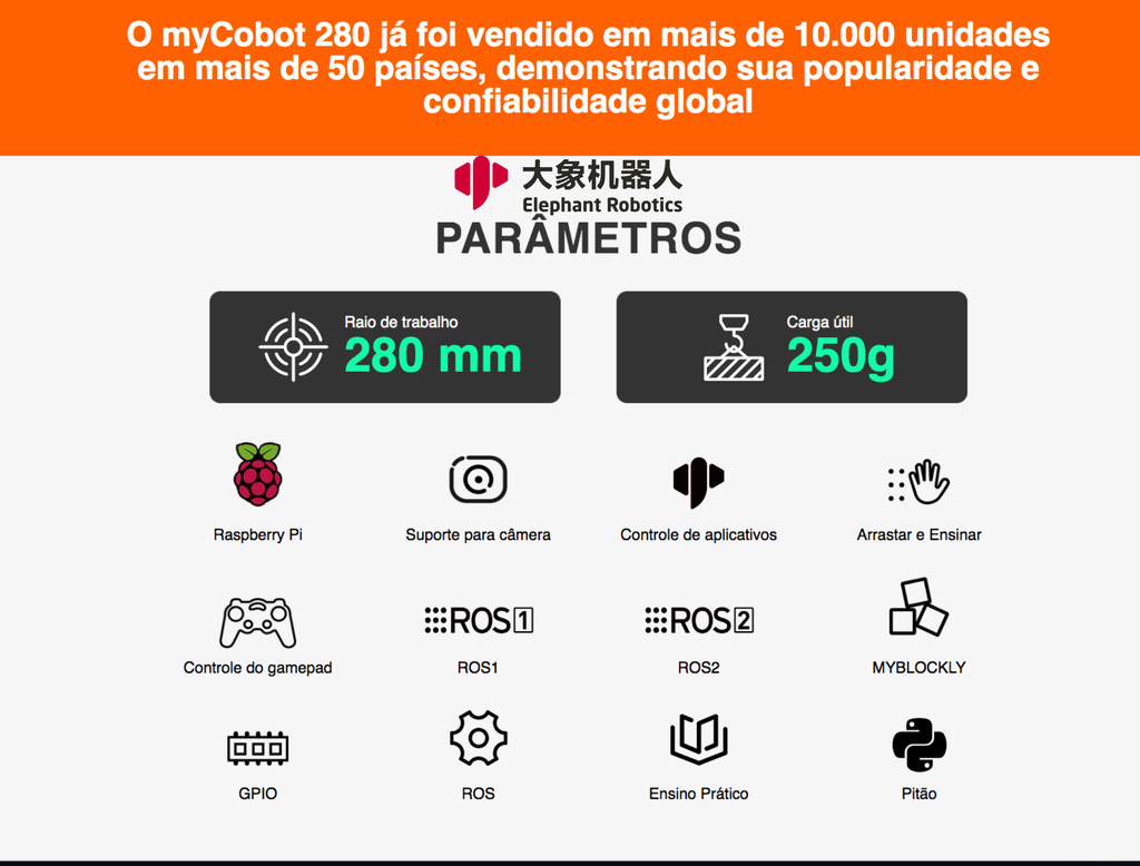 Elephant Robotics MyCobot 280 Raspberry Pi 2023 - 6 DOF , Collaborative Robotic Arm ( Raspberry Pi Version) , Educacional , Industrial , +8 anos - comprar online