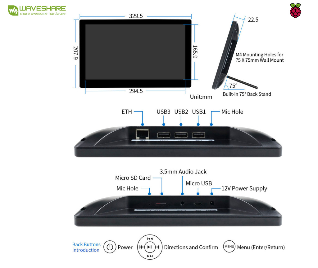 WaveShare Mini-Computer 13.3" Powered by Raspberry Pi 3A+, HD Touch Screen