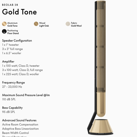 Image of Bang & Olufsen Beolab 28 l Gold Oak l Wireless Stereo Speakers for Home Cinema l Som Estéreo de Grau de Estúdio l Aparências Elegantes l Grave Poderoso l 1.250 Watts l Wi-Fi & Bluetooth l Chromecast & Google Assistant Integrados l Compatível com Apple 2 & Spotify Connect l Recomendado para áreas de 15m² até 50m²