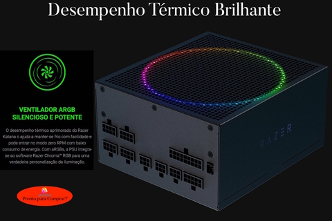 Razer Katana Chroma l Power Supply aRGB ATX Fully Modular l Fonte de alimentação l Ventilador aRGB silencioso e potente l Classificação Platinum Ultraeficiente l Modular por design l Projetada para suportar as CPUs e GPUs mais avançadas l Personalização RGB endereçável e integração de games l Zero RPM Mode l Escolha 850W ou 1.200W