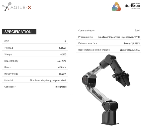 Agilex Robotis PiPER , 1.5Kg Payload , 626mm , Alcance 0.1mm on internet