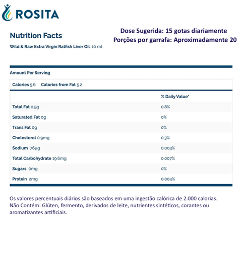 Rosita Extra Virgin Ratfish Liver Oil, Suplemento Alimentar Premium Gourmet, Puro Óleo de Fígado Extra Virgem de Ratfish, Impulsionador da Glândula Pineal, Made in Noruega