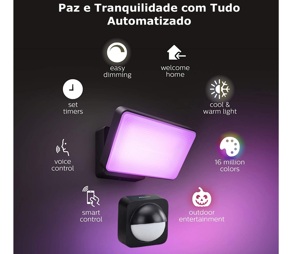 Philips Hue Discover Outdoor Floodlight + Hue Dusk-to-Dawn Sensor de Movimento Outdoor l Luminária de Parede l Projetor de Segurança l Poderoso Fluxo Luminoso 2.300 lumen l LED Integrado l Compatível com a Alexa, Apple Homekit & Google Assistant | Requer Hue Bridge - loja online