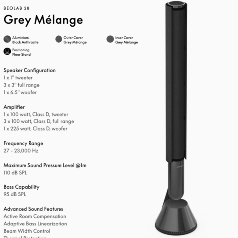 Bang & Olufsen Beolab 28 l Grey Mélange l Wireless Stereo Speakers for Home Cinema l Som Estéreo de Grau de Estúdio l Aparências Elegantes l Grave Poderoso l 1.250 Watts l Wi-Fi & Bluetooth l Chromecast & Google Assistant Integrados l Compatível com Apple 2 & Spotify Connect l Recomendado para áreas de 15m² até 50m²