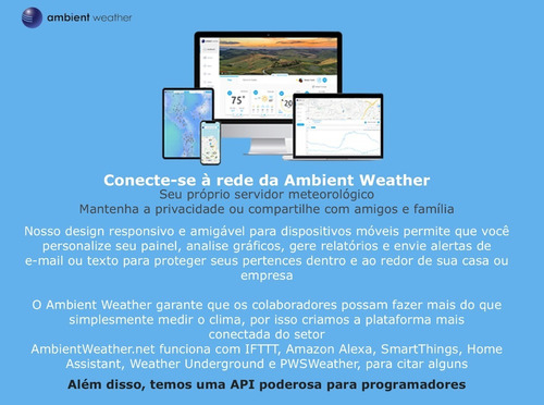 Ambient Weather WS-5000 Estação Metereológica Ultrassônica WiFi | Sensor Detector de Raios e Tempestades | Case Outdoor de Proteção para o Higrômetro | Alcance de 300 metros | Compatível com Alexa e Google | Internet Conectada - Loja do Jangão - InterBros