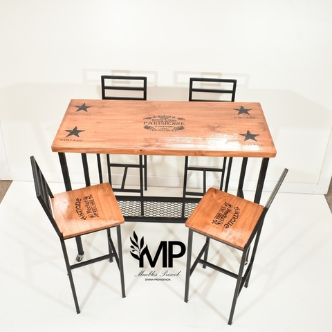 BARRA DESAYUNADORA DE HIERRO Y MADERA + 4 TABURETES DE HIERRO Y MADERA