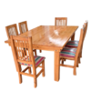 MESA ESTILO CAMPO + 6 SILLAS HINDU TAPIZADAS TODO LAQUEADO