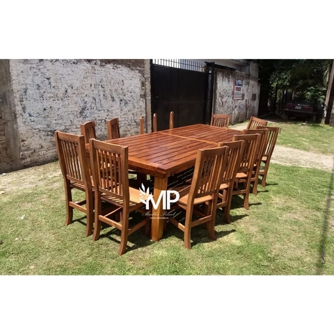 MESA ESTILO DECK DE 3.00 X 1.20 LAQUEADA + 14 SILLAS ENCERADAS