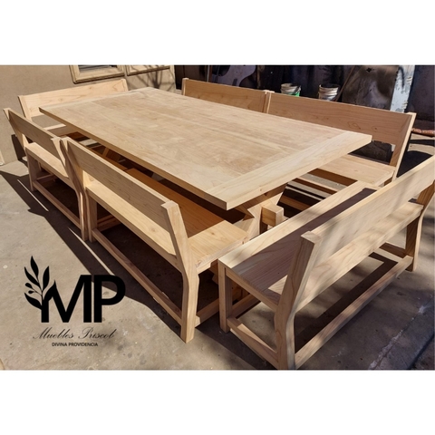 MESA ESTILO CAMPO DE 2.50 x 1.20 PATA CRUZ + 6 BANCOS DE 1.00