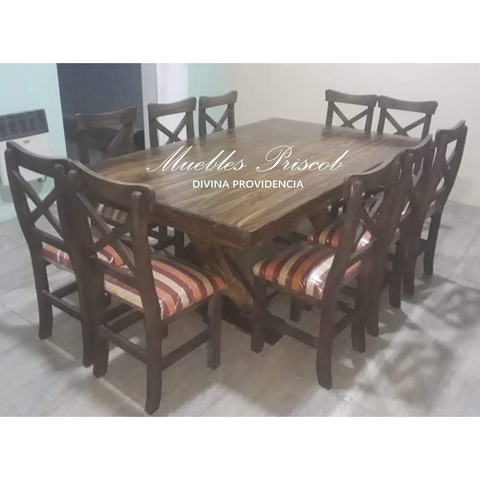 MESA ESTILO CAMPO DE 2.00 X 1.20 PATAS CRUZ HIDROLAQUEADA Y 10 SILLAS