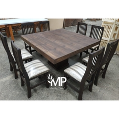 MESA ESTILO CAMPO CUADRADA DE 1.40 x 1.40 PATA CUBO Y 8 SILLAS TAPIZADAS - comprar online