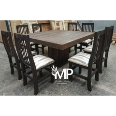 MESA ESTILO CAMPO CUADRADA DE 1.40 x 1.40 PATA CUBO Y 8 SILLAS TAPIZADAS