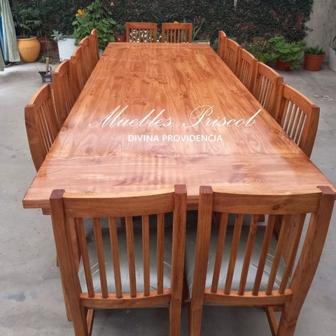 MESA ESTILO CAMPO DE 3.00 x 1.20 HIDROLAQUEADA + 14 SILLAS TAPIZADAS Y ENCERADAS