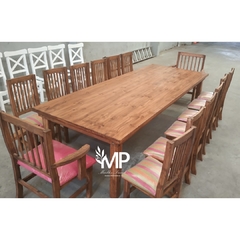 MESA ESTILO CAMPO DE 4.00 x 1.20 + 2 CABECEROS TAPIZADOS + 12 SILLAS