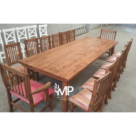 MESA ESTILO CAMPO DE 4.00 x 1.20 + 2 CABECEROS TAPIZADOS + 12 SILLAS