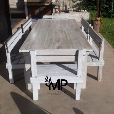 MESA ESTILO CAMPO 3.00 x 1.20 + 6 BANCOS CON RESPALDO