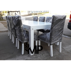 MESA ESTILO ASIA DE 2.40 x 1.20 HIDROLAQUEADA EN BLANCO + 10 SILLAS VESTIDAS