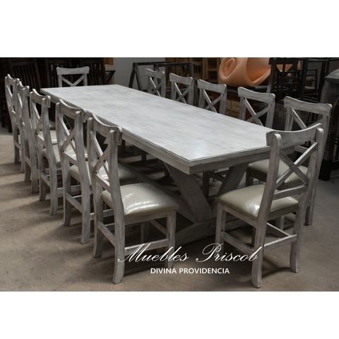 MESA ESTILO NORDICA DE 3.00 X 1.00 + 12 SILLAS CRUZ TAPIZADA