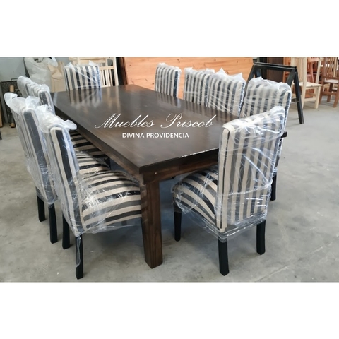 COMBO CAMPO: MESA ESTILO CAMPO DE 2.40 X 1.20 HIDROLAQUEADA + 10 SILLAS VESTIDAS