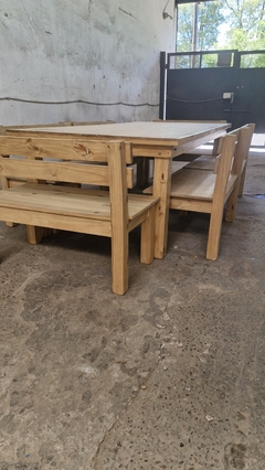 MESA ESTILO CAMPO + 6 BANCOS CON RESPALDO en internet