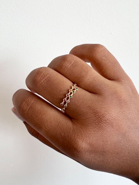 Anel Pedras Coloridas Zircônias Ajustável Banho Ouro 18k
