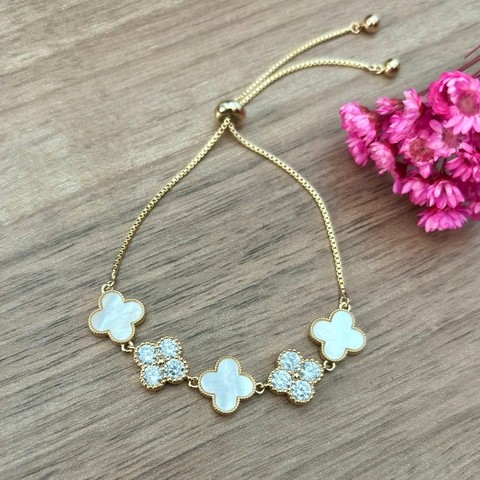 Pulseira Trevo C/ Zircônias e Madre Pérola