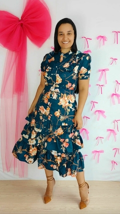 Vestido Âmber Floral Azul Crepe Marrocos Saia Com Babados (Possui Forro) - loja online