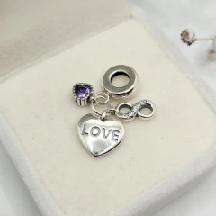 Berloque Coração Love Coração Pedra e Infinito Prata 925