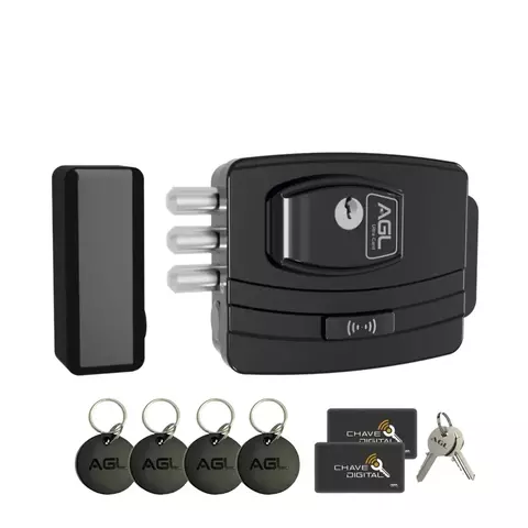 Fechadura elétrica AGL Ultra Card preta para portões com múltiplos pinos de travamento, quatro tags de acesso, dois cartões digitais e duas chaves metálicas